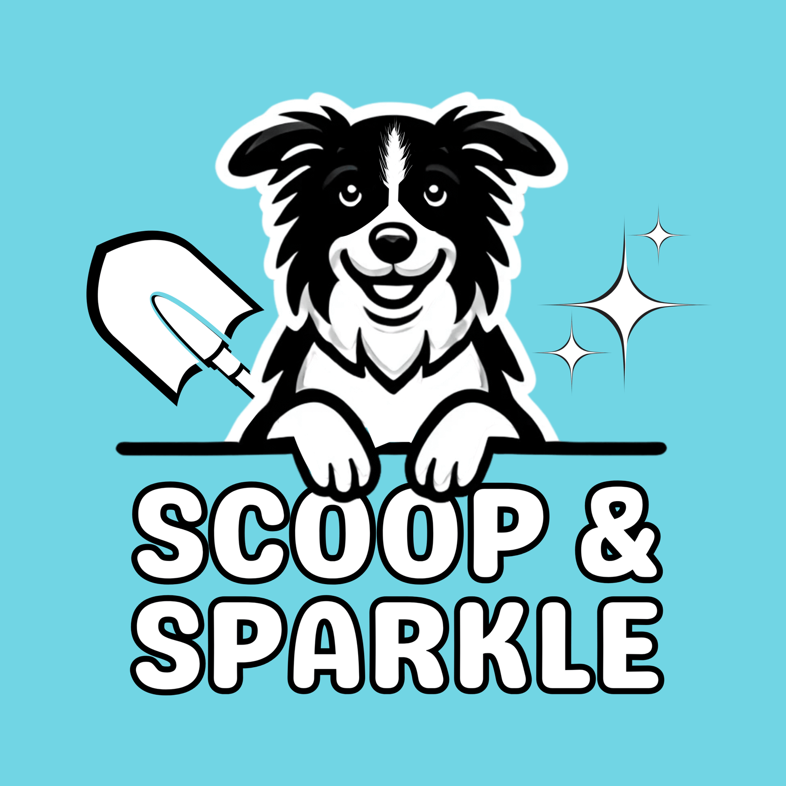Scoop & Sparkle logo - professional dog waste removal service featuring cute Border Collie with pooper scooper and sparkles on turquoise background